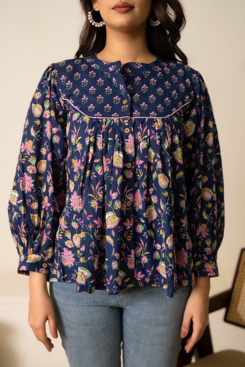 SUKOON NAVY BLUE BLOOM COTTON HAND BLOCK TOP - Pomcha Jaipur