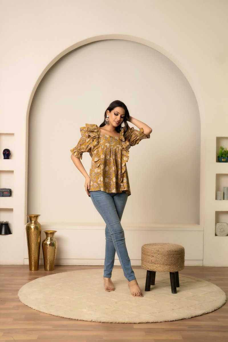 SUKOON OCHRE HAND BLOCK COTTON BLOOM TUNIC TOP - Pomcha Jaipur