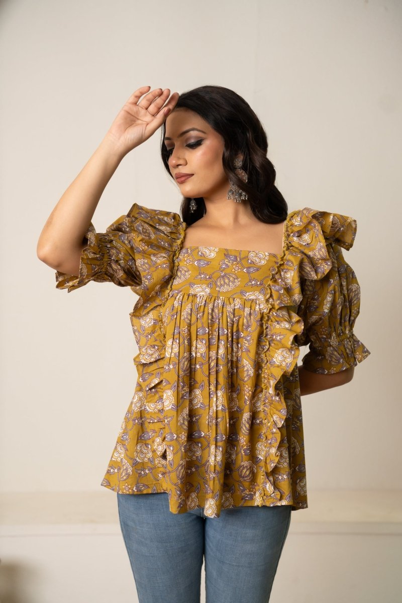 SUKOON OCHRE HAND BLOCK COTTON BLOOM TUNIC TOP - Pomcha Jaipur