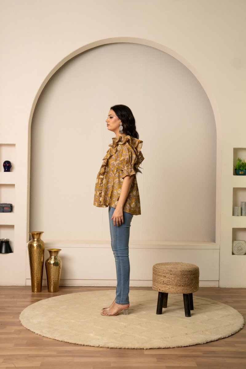 SUKOON OCHRE HAND BLOCK COTTON BLOOM TUNIC TOP - Pomcha Jaipur