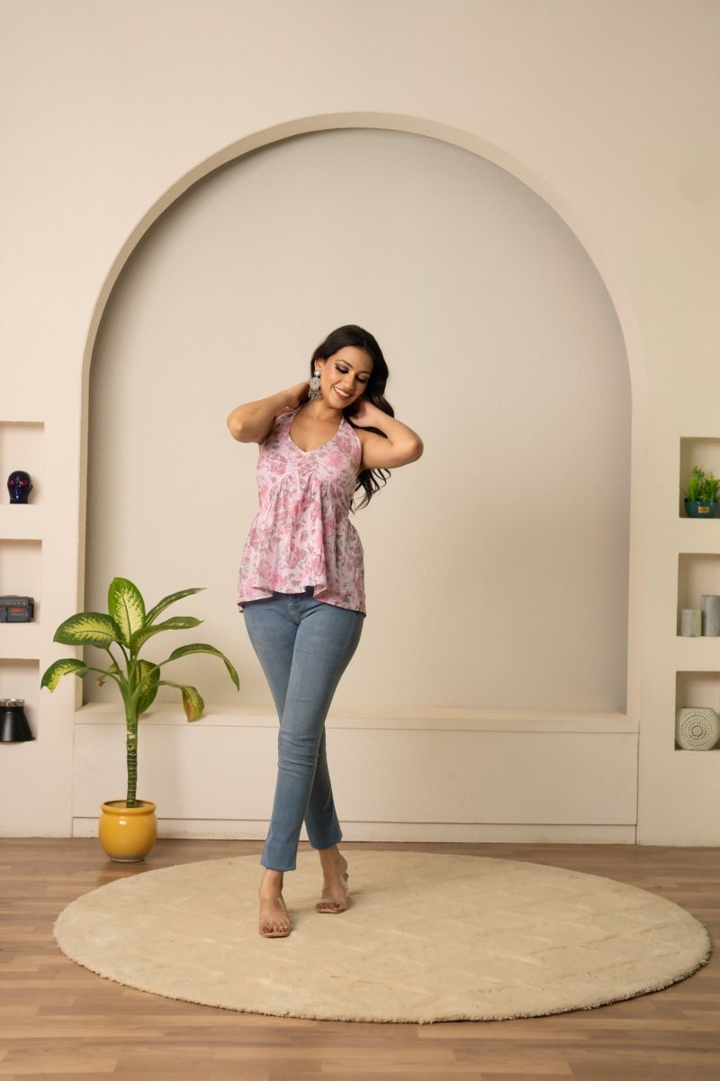 SUKOON PASTEL FLORAL HALTER NECK HAND BLOCK COTTON TOP - Pomcha Jaipur