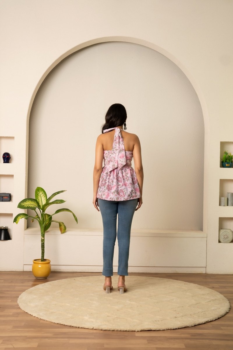 SUKOON PASTEL FLORAL HALTER NECK HAND BLOCK COTTON TOP - Pomcha Jaipur