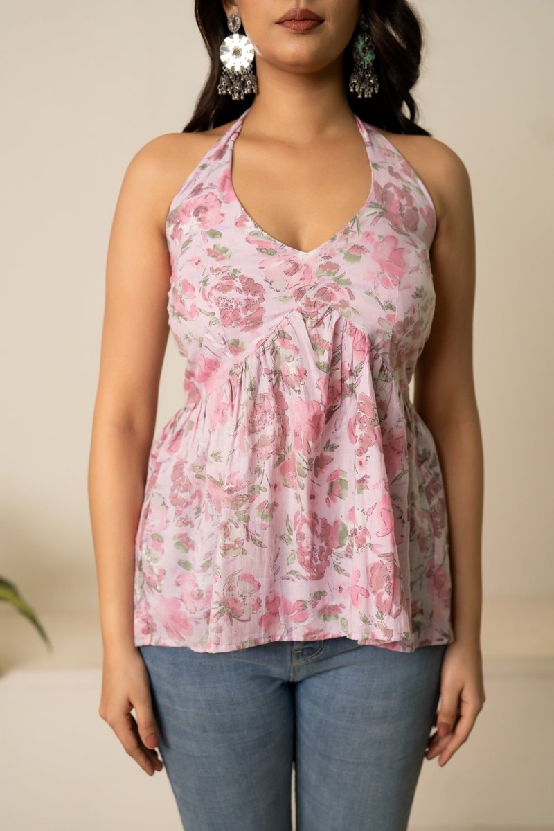SUKOON PASTEL FLORAL HALTER NECK HAND BLOCK COTTON TOP - Pomcha Jaipur