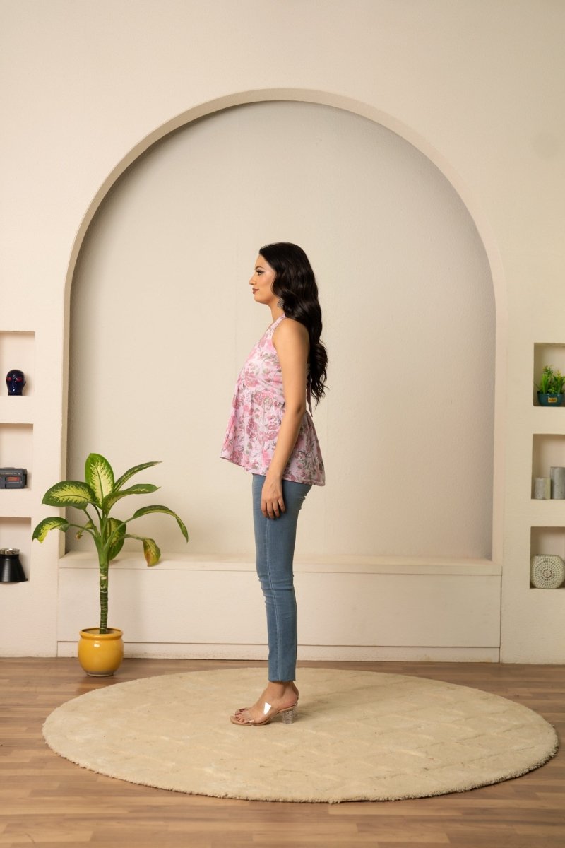 SUKOON PASTEL FLORAL HALTER NECK HAND BLOCK COTTON TOP - Pomcha Jaipur