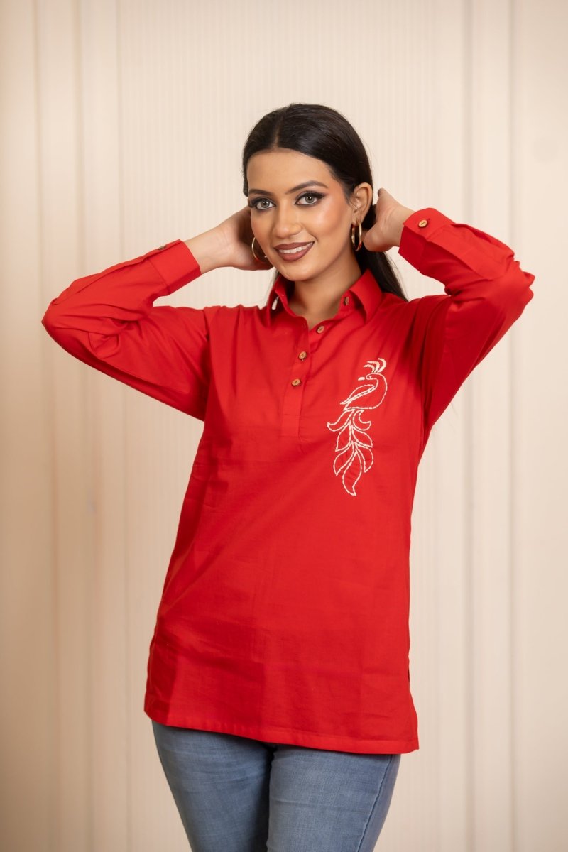 SUKOON PEACOCK MOTIF RED TUNIC TOP - Pomcha Jaipur
