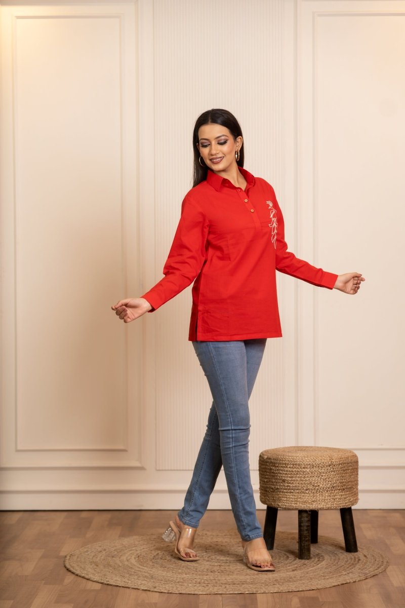 SUKOON PEACOCK MOTIF RED TUNIC TOP - Pomcha Jaipur