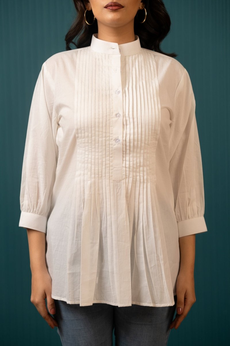 SUKOON PIN TUCK WHITE SHIRT TOP - Pomcha Jaipur