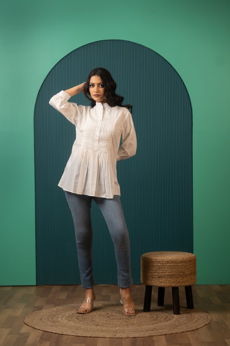 SUKOON PIN TUCK WHITE SHIRT TOP - Pomcha Jaipur