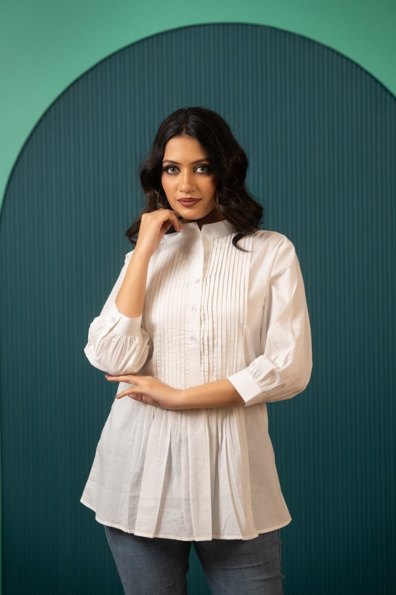 SUKOON PIN TUCK WHITE SHIRT TOP - Pomcha Jaipur