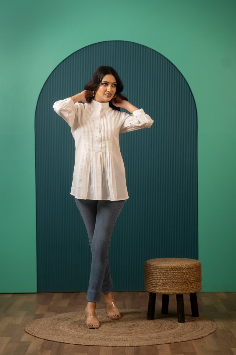 SUKOON PIN TUCK WHITE SHIRT TOP - Pomcha Jaipur