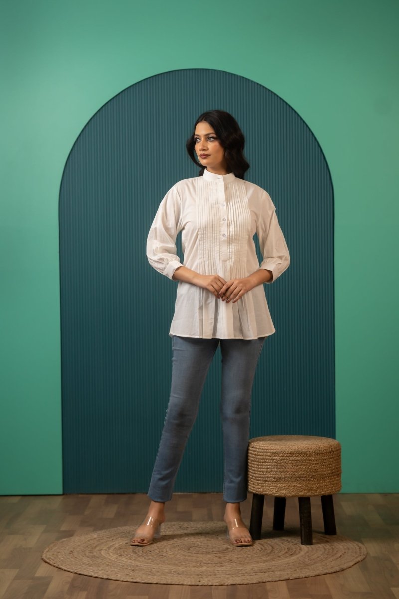 SUKOON PIN TUCK WHITE SHIRT TOP - Pomcha Jaipur