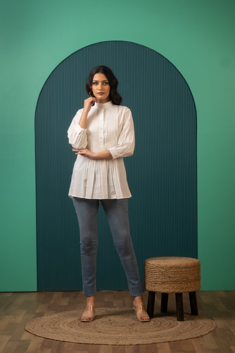 SUKOON PIN TUCK WHITE SHIRT TOP - Pomcha Jaipur