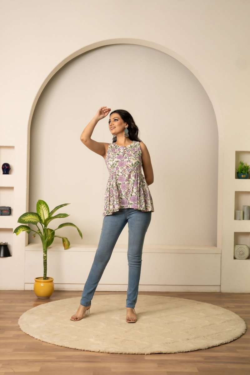 SUKOON PURPLE FLORAL OFF WHITE HAND BLOCK COTTON TOP - Pomcha Jaipur