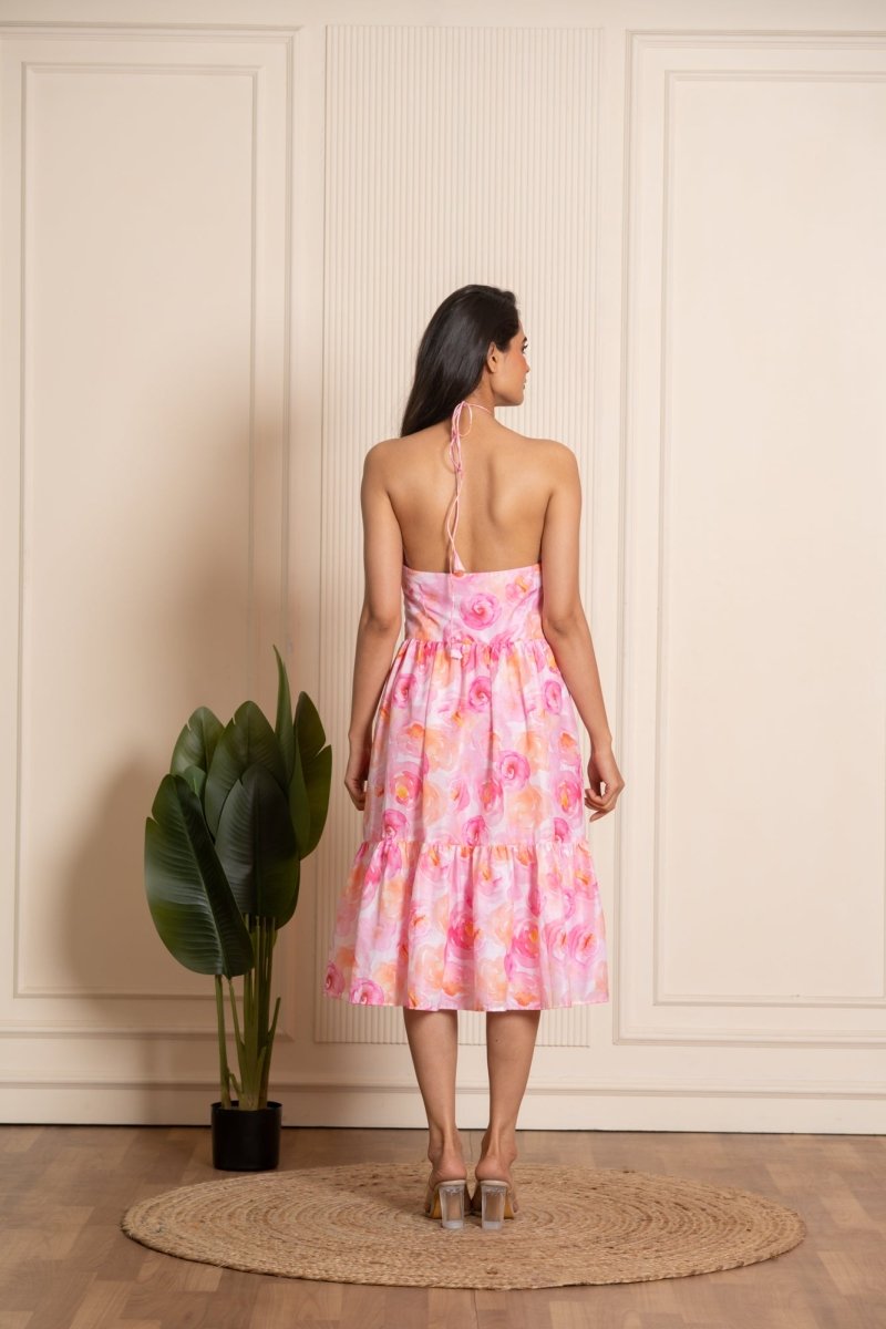 SUKOON ROSY PINK CREPE SUMMER TIERED DRESS - Pomcha Jaipur