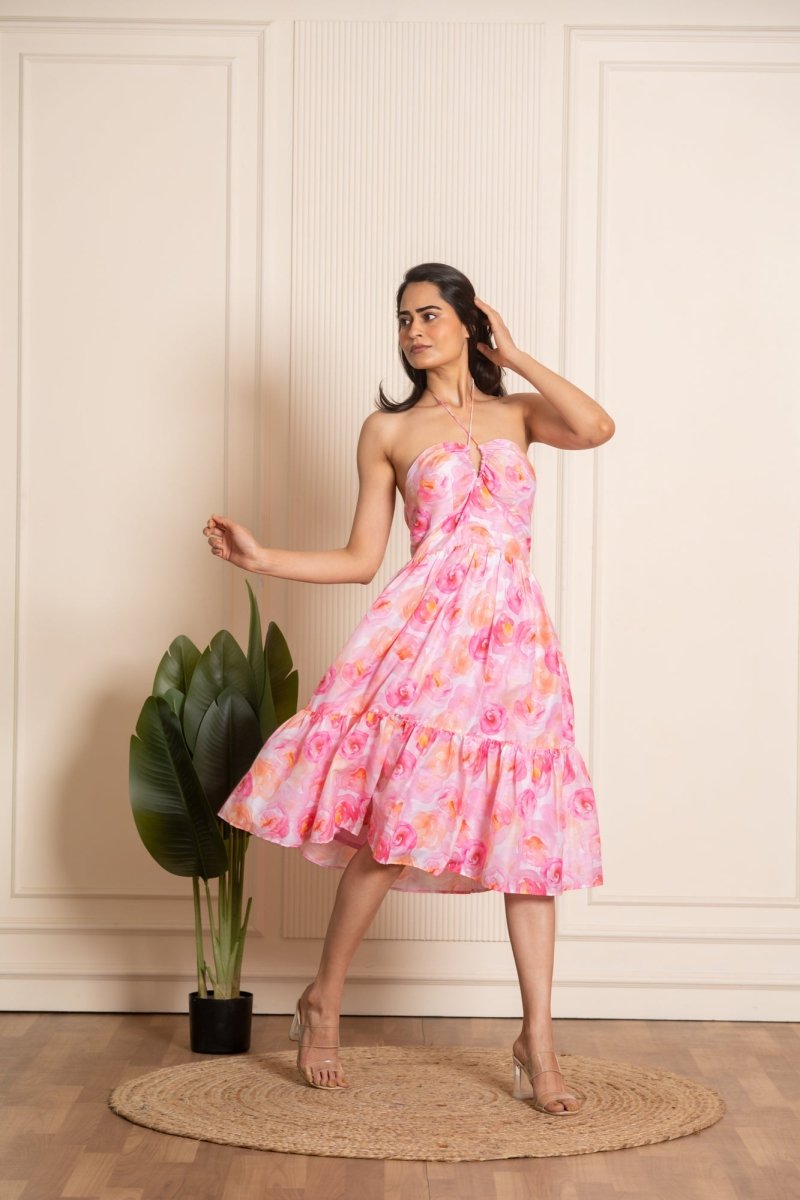 SUKOON ROSY PINK CREPE SUMMER TIERED DRESS - Pomcha Jaipur