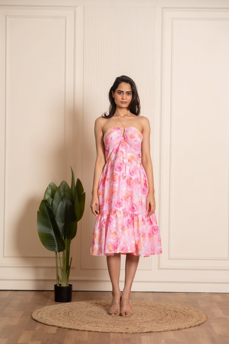 SUKOON ROSY PINK CREPE SUMMER TIERED DRESS - Pomcha Jaipur