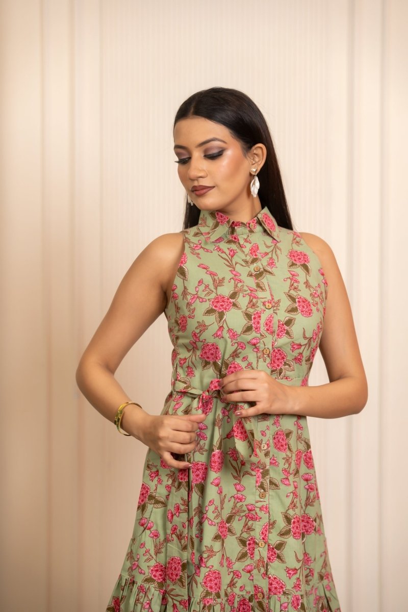 SUKOON SAGE BLOOMS COTTON FLORAL KNEE LENGTH DRESS - Pomcha Jaipur