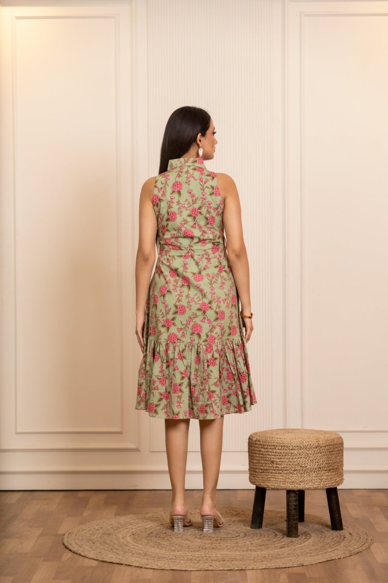 SUKOON SAGE BLOOMS COTTON FLORAL KNEE LENGTH DRESS - Pomcha Jaipur