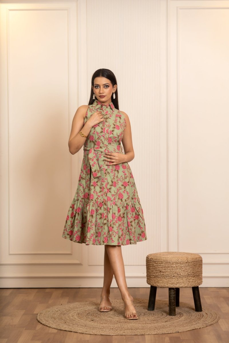 SUKOON SAGE BLOOMS COTTON FLORAL KNEE LENGTH DRESS - Pomcha Jaipur