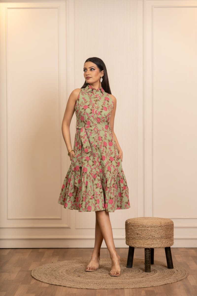 SUKOON SAGE BLOOMS COTTON FLORAL KNEE LENGTH DRESS - Pomcha Jaipur