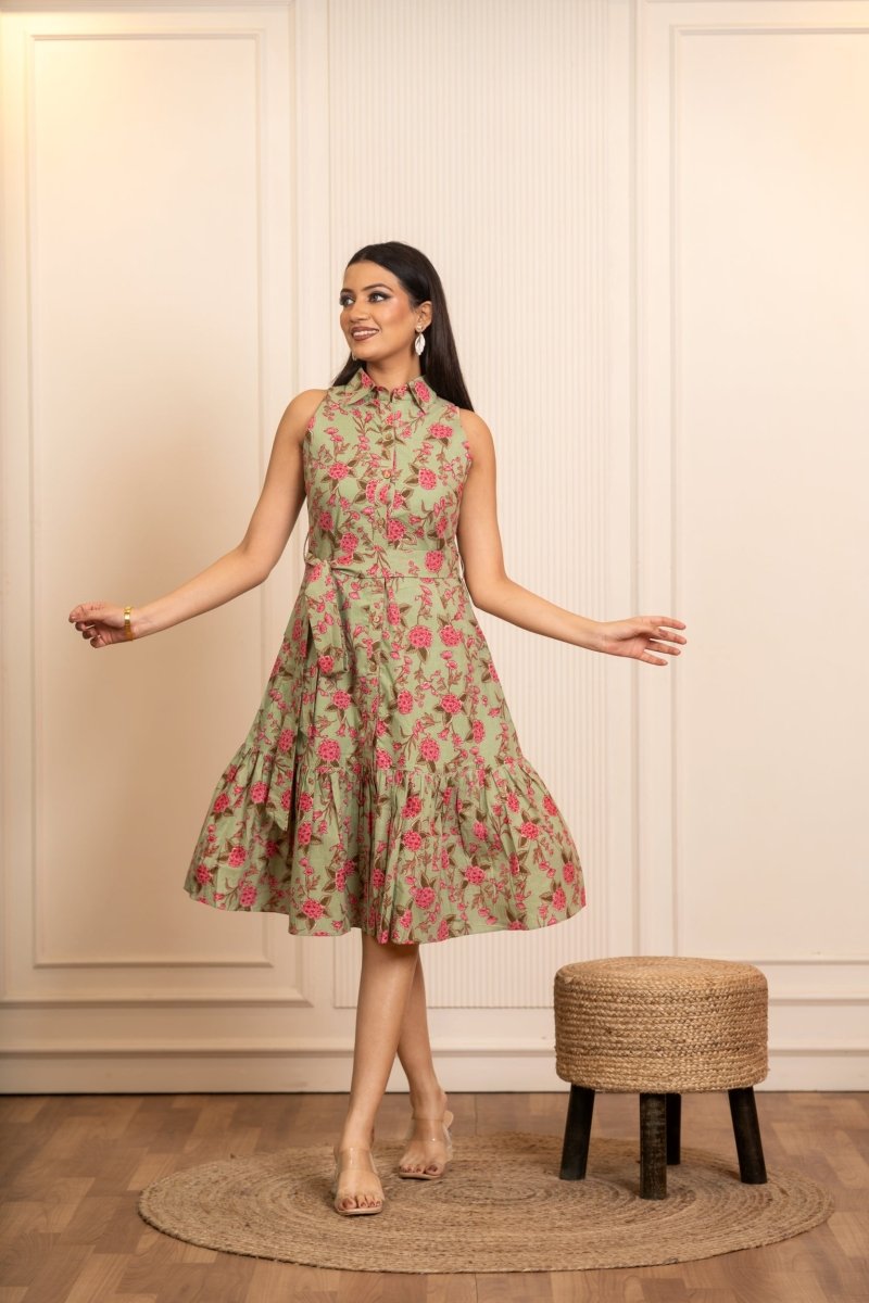 SUKOON SAGE BLOOMS COTTON FLORAL KNEE LENGTH DRESS - Pomcha Jaipur