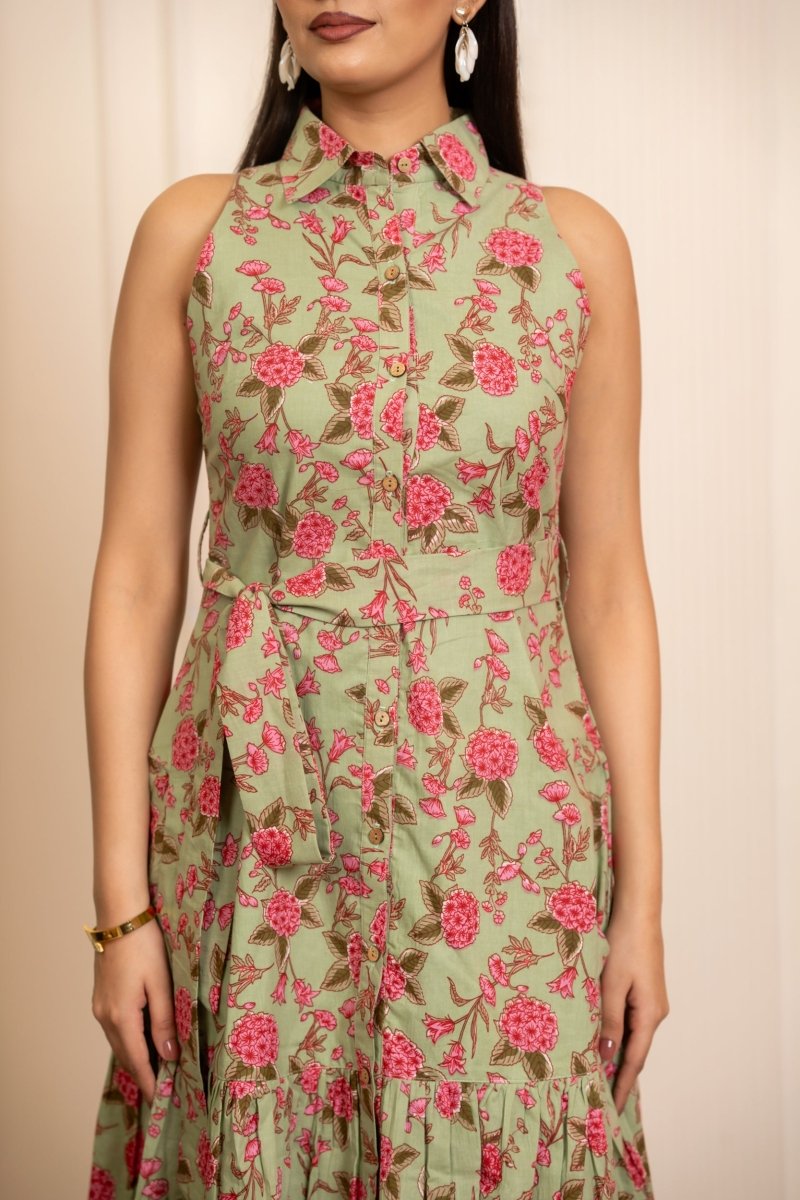 SUKOON SAGE BLOOMS COTTON FLORAL KNEE LENGTH DRESS - Pomcha Jaipur