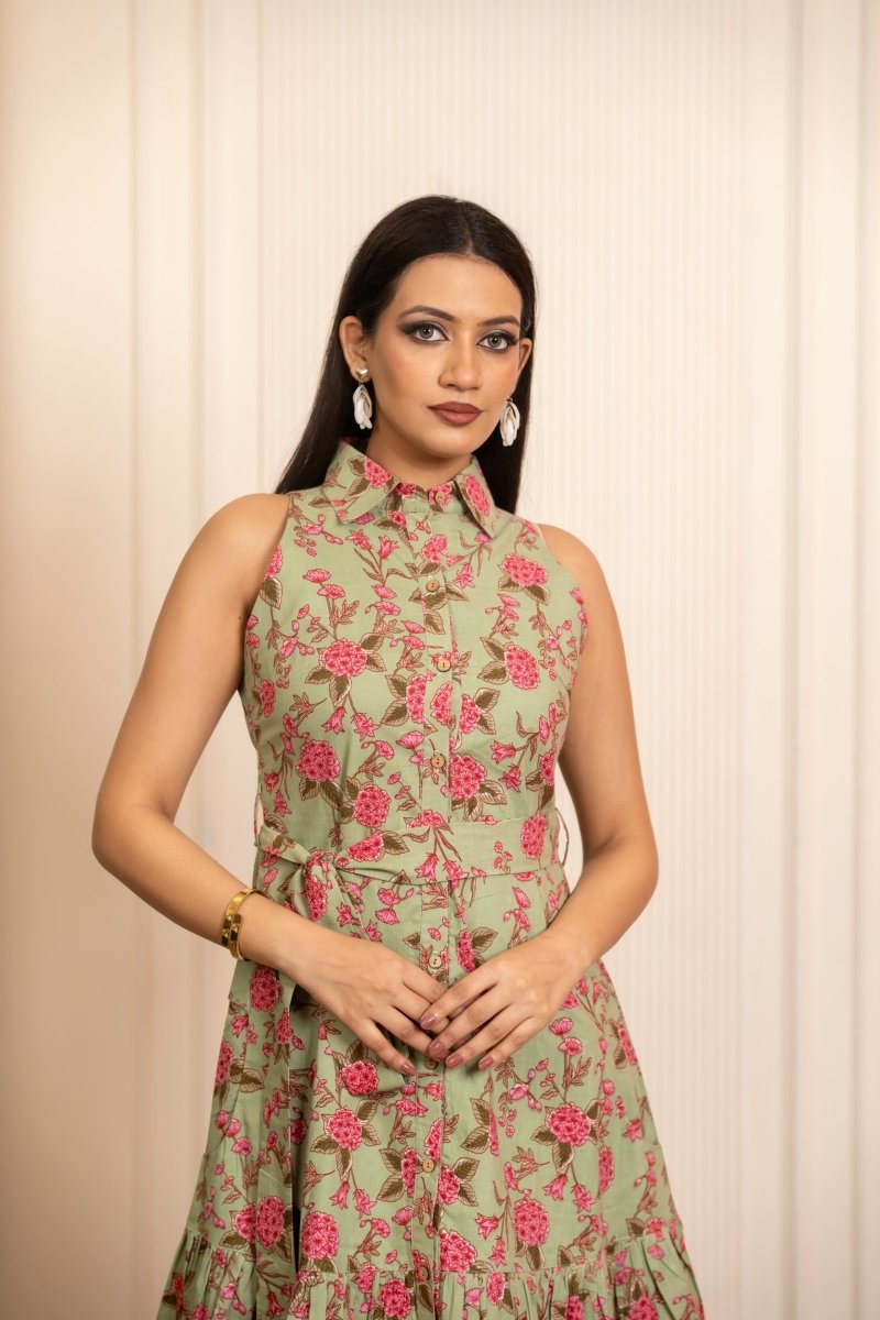 SUKOON SAGE BLOOMS COTTON FLORAL KNEE LENGTH DRESS - Pomcha Jaipur