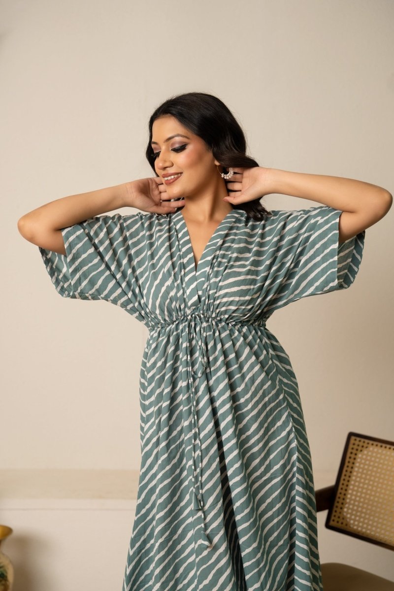 SUKOON SUMMER MARINA COTTON STRIPE KAFTAN DRESS - Pomcha Jaipur