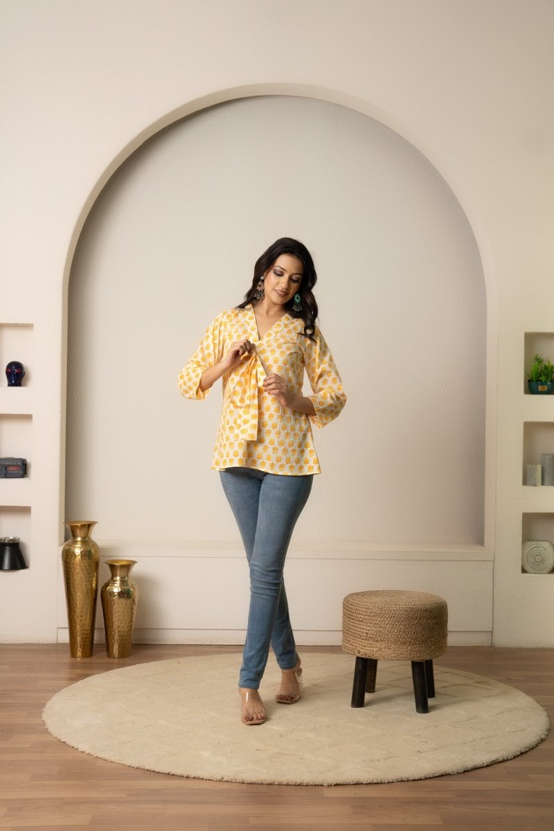 SUKOON THE DOTTY YELLOW COTTON HAND BLOCK TUNIC TOP - Pomcha Jaipur