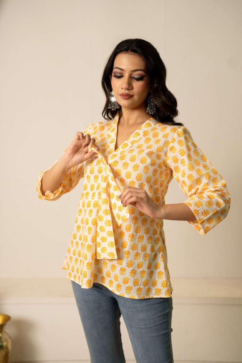 SUKOON THE DOTTY YELLOW COTTON HAND BLOCK TUNIC TOP - Pomcha Jaipur