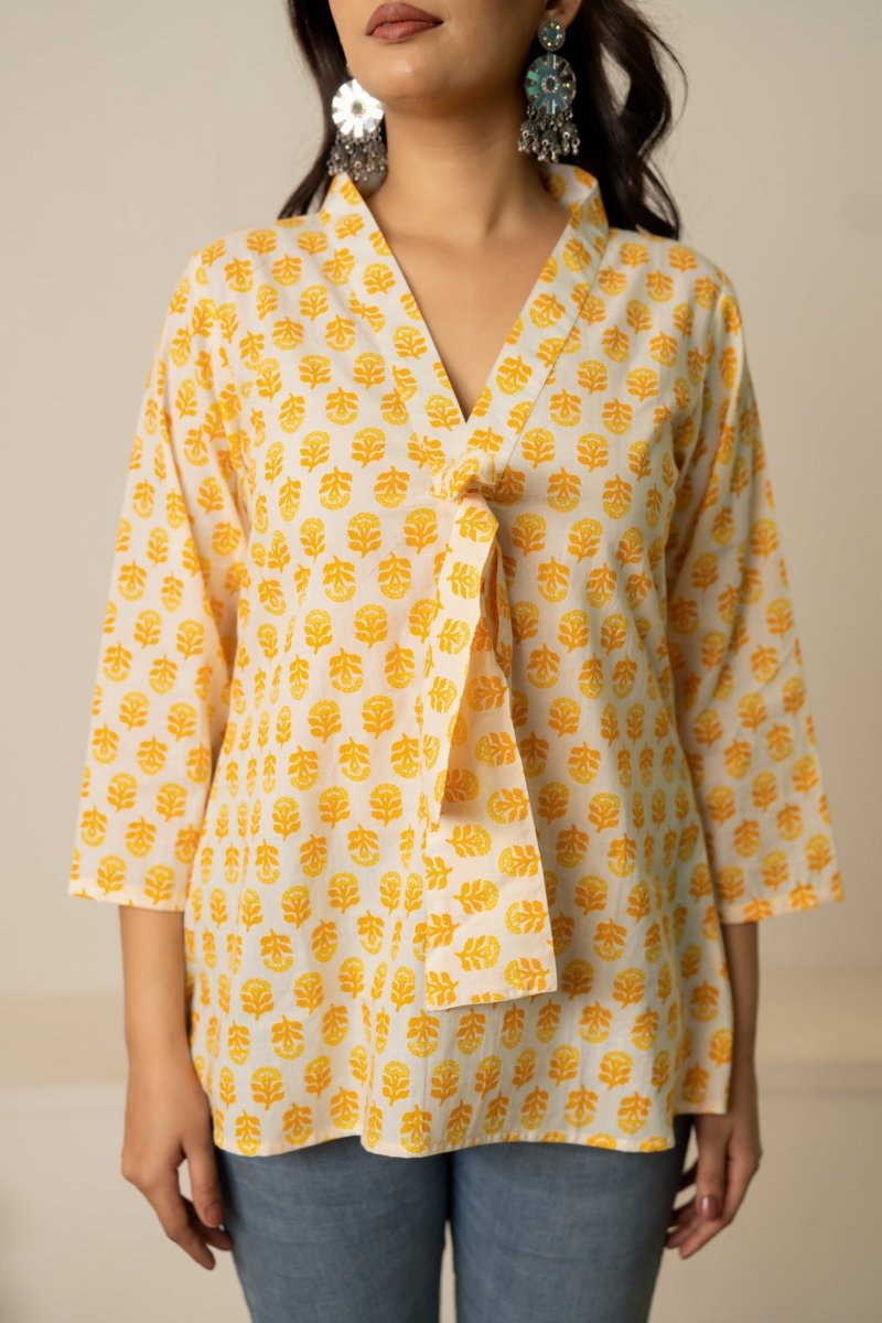 SUKOON THE DOTTY YELLOW COTTON HAND BLOCK TUNIC TOP - Pomcha Jaipur