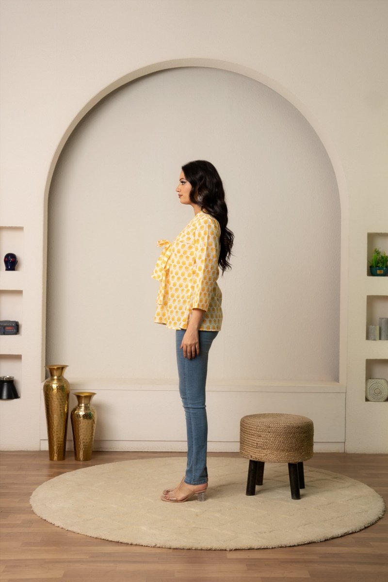 SUKOON THE DOTTY YELLOW COTTON HAND BLOCK TUNIC TOP - Pomcha Jaipur