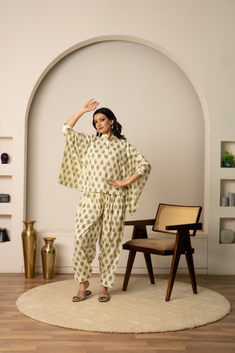 SUKOON TWO - PIECE RELAXED FLORAL HAND BLOCK COTTON LOUNGEWEAR - Pomcha Jaipur