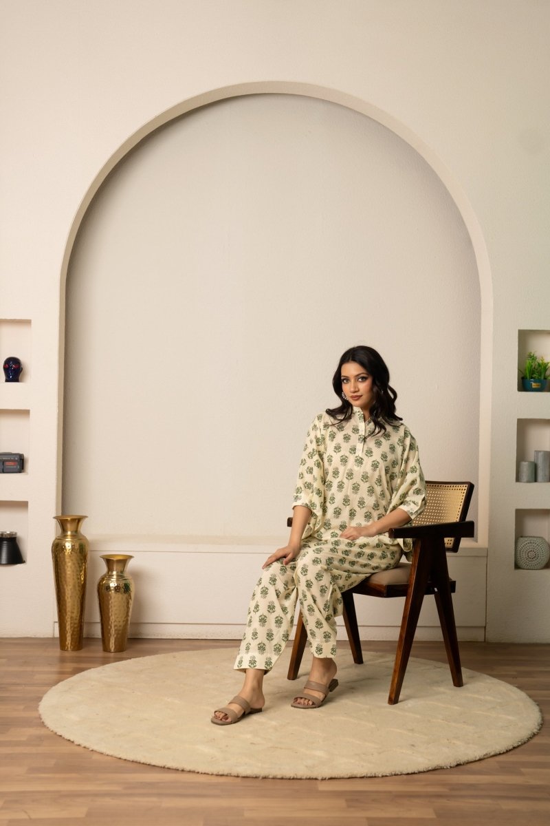 SUKOON TWO - PIECE RELAXED FLORAL HAND BLOCK COTTON LOUNGEWEAR - Pomcha Jaipur