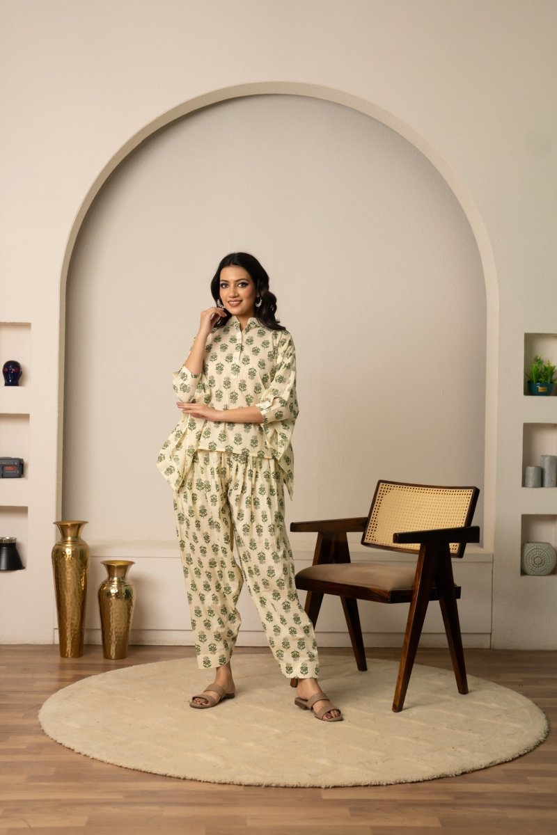 SUKOON TWO - PIECE RELAXED FLORAL HAND BLOCK COTTON LOUNGEWEAR - Pomcha Jaipur