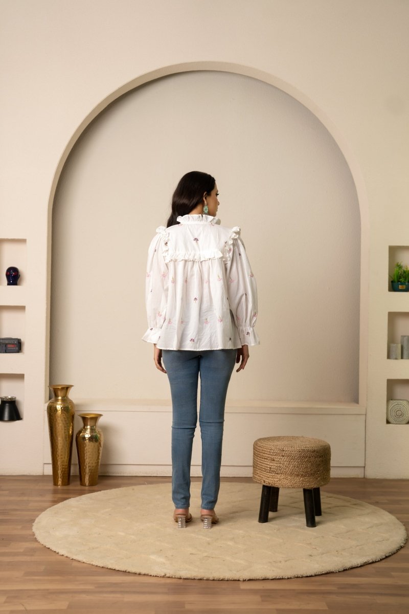 SUKOON WHITE TIE-FRONT EMBROIDERY COTTON TOP - Pomcha Jaipur