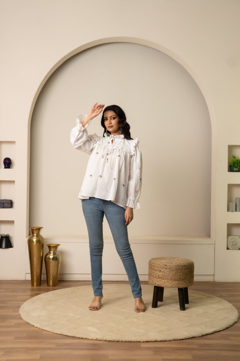 SUKOON WHITE TIE-FRONT EMBROIDERY COTTON TOP - Pomcha Jaipur