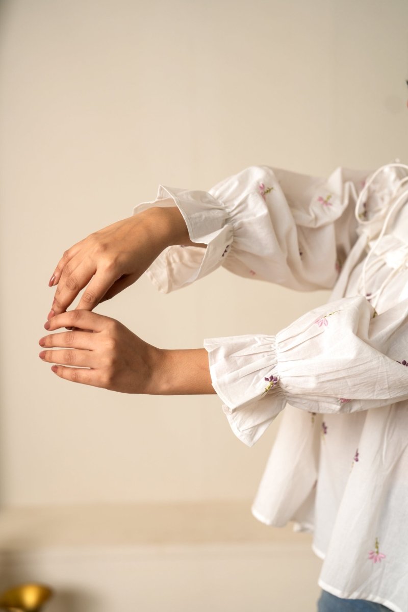 SUKOON WHITE TIE-FRONT EMBROIDERY COTTON TOP - Pomcha Jaipur