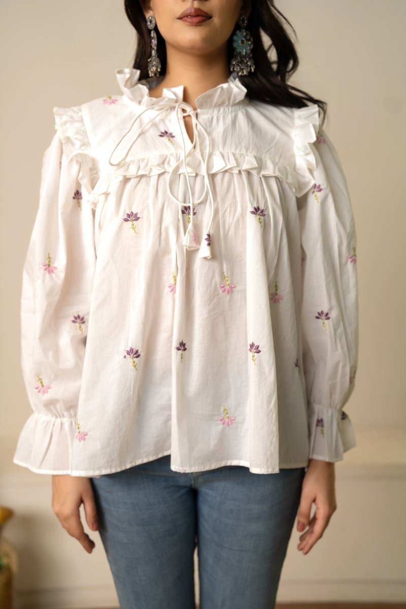 SUKOON WHITE TIE-FRONT EMBROIDERY COTTON TOP - Pomcha Jaipur