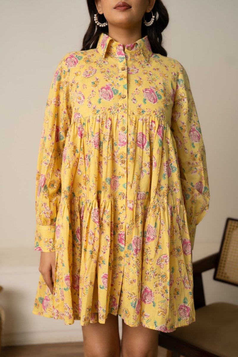 SUKOON YELLOW HUES FLORAL PRINT COTTON SUMMER DRESS - Pomcha Jaipur