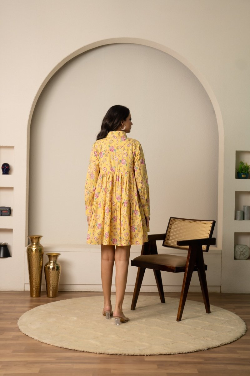 SUKOON YELLOW HUES FLORAL PRINT COTTON SUMMER DRESS - Pomcha Jaipur