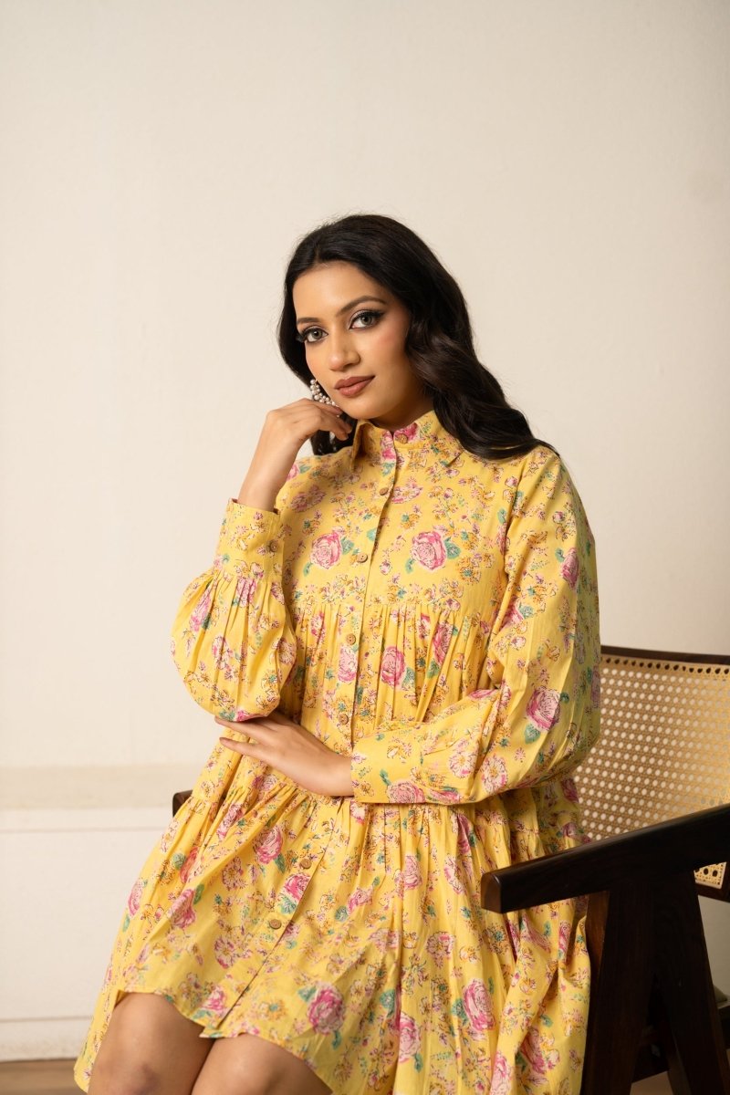 SUKOON YELLOW HUES FLORAL PRINT COTTON SUMMER DRESS - Pomcha Jaipur