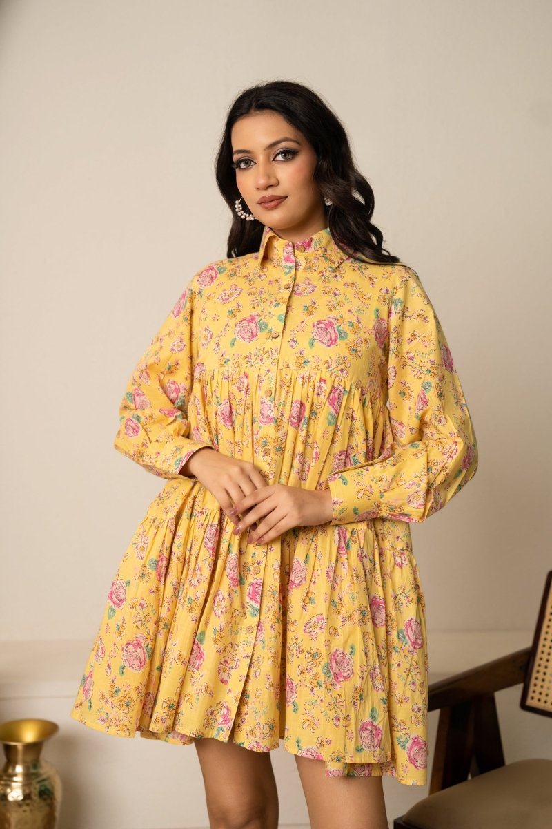 SUKOON YELLOW HUES FLORAL PRINT COTTON SUMMER DRESS - Pomcha Jaipur