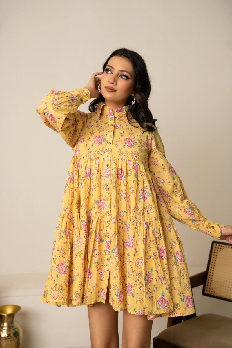 SUKOON YELLOW HUES FLORAL PRINT COTTON SUMMER DRESS - Pomcha Jaipur