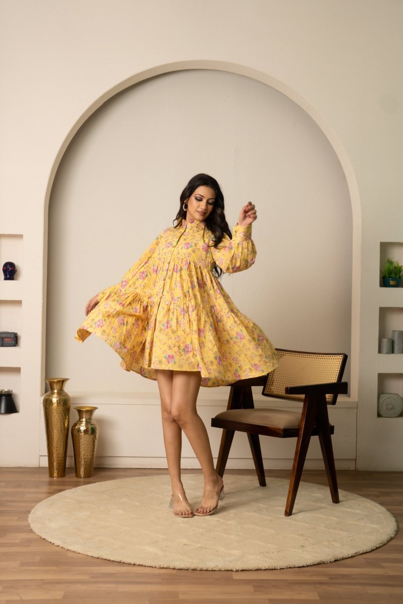 SUKOON YELLOW HUES FLORAL PRINT COTTON SUMMER DRESS - Pomcha Jaipur