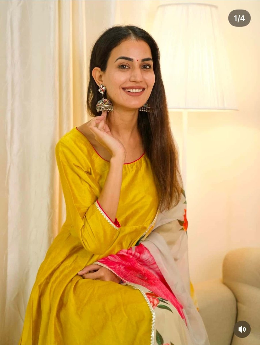 SUNFLOWER COTTON SILK YELLOW ANARKALI WITH ORGANZA DUPATTA - Pomcha Jaipur