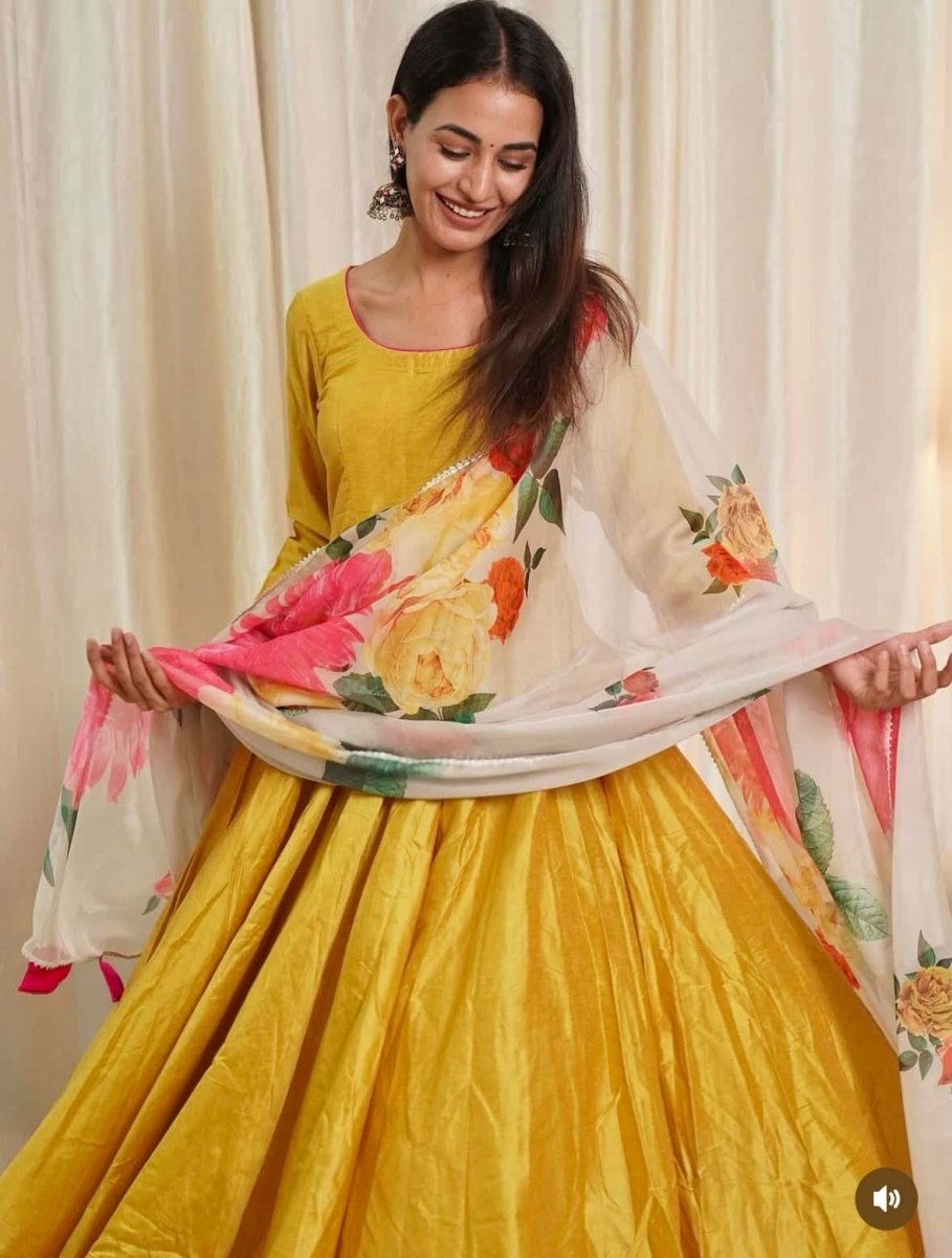 SUNFLOWER COTTON SILK YELLOW ANARKALI WITH ORGANZA DUPATTA - Pomcha Jaipur