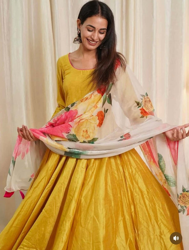 SUNFLOWER COTTON SILK YELLOW ANARKALI WITH ORGANZA DUPATTA - Pomcha Jaipur