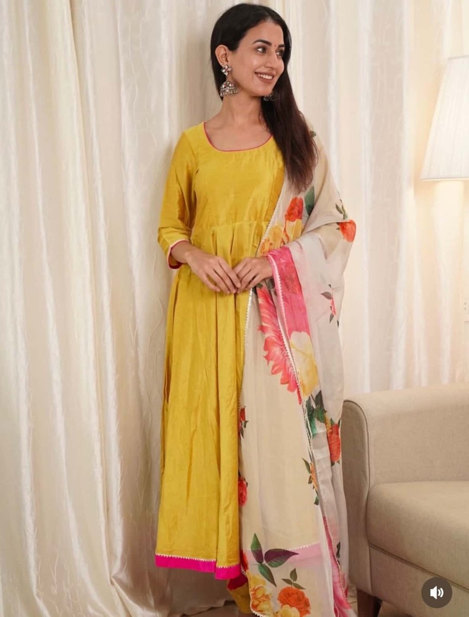 SUNFLOWER COTTON SILK YELLOW ANARKALI WITH ORGANZA DUPATTA - Pomcha Jaipur