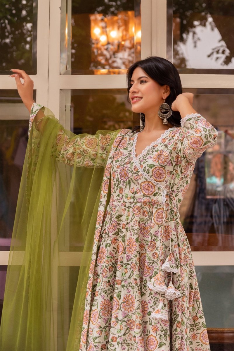 SUNHARI AAMIRA COTTONHAND BLOCK PRINT ANGRAKHA SET WITH SOFT NET DUPATTA - Pomcha Jaipur